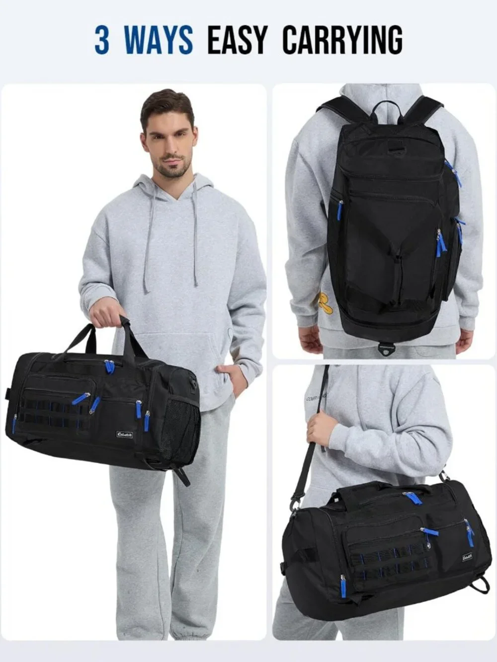 Versatile 3-in-1 Sports Travel Duffel Gym Bag, 39L, Black - Perfect for Men